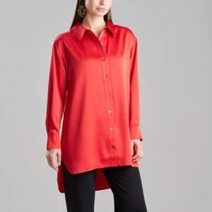 NATORI NWT Luxe Charmeuse Shiny Oversized Red Button Front Tunic Blouse Top XL